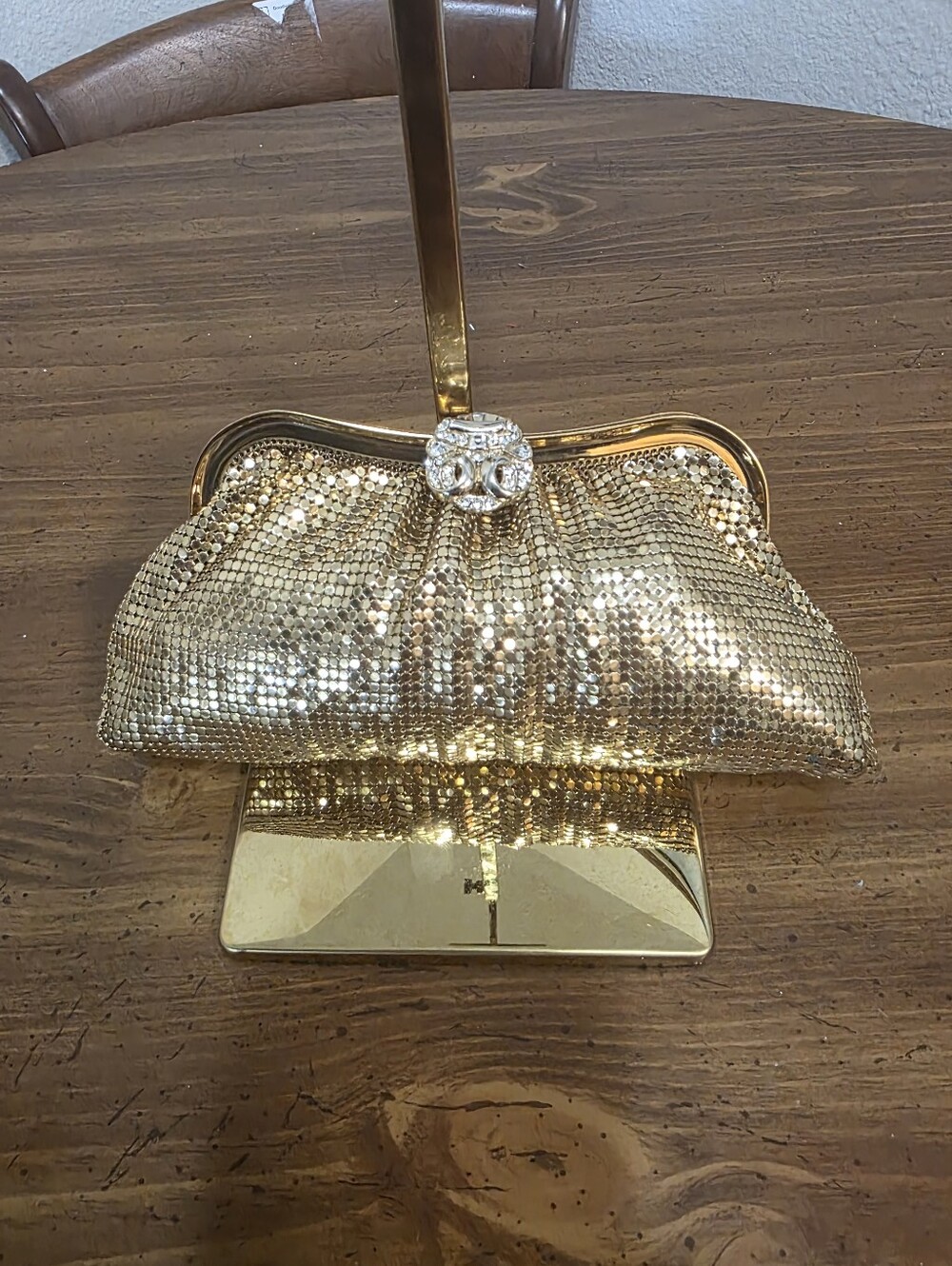 Whiting & Davis Vintage Gold Mesh Evening Clutch with Rhinestone Kiss Lock